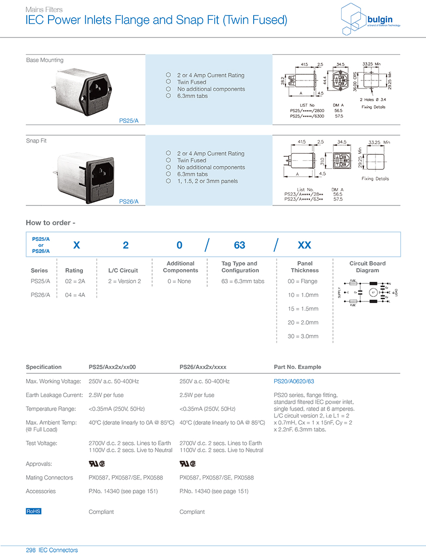 PS26-A帶整體式雙保險絲的帶濾波器型號 PS26-A帶整體式雙保險絲的帶濾波器型號
