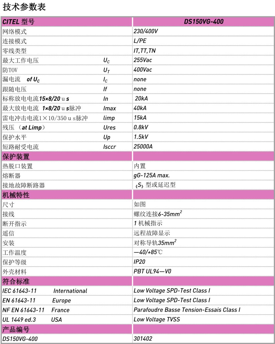 交流防雷器DS150VG-400電源電涌保護(hù)器技術(shù)參數(shù) 交流防雷器DS150VG-400電源電涌保護(hù)器技術(shù)參數(shù)